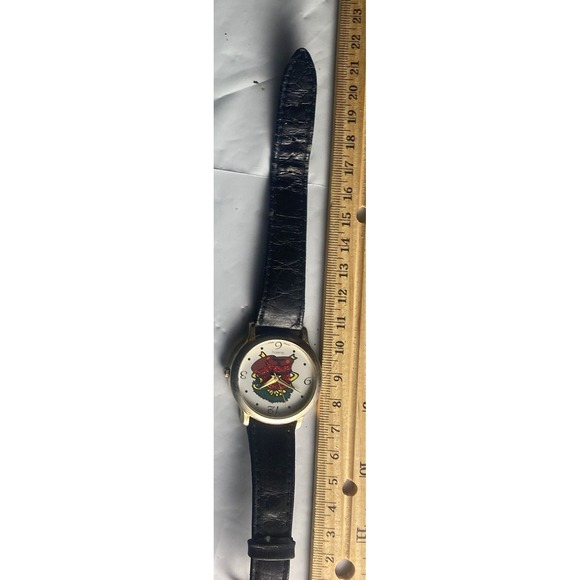 Accessories - Womens Gold Tone Watch Black Leather Band Cartoon Character Face